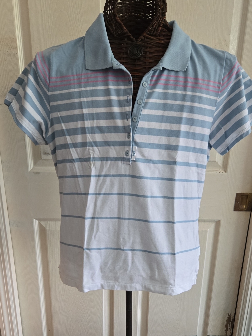 Liz Golf Women's Light Blue And Pink Stripe Polo Shirt-Size XL